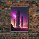 The Monoliths, Scifi art, retro synthwave style alien planet art, framed canvas print