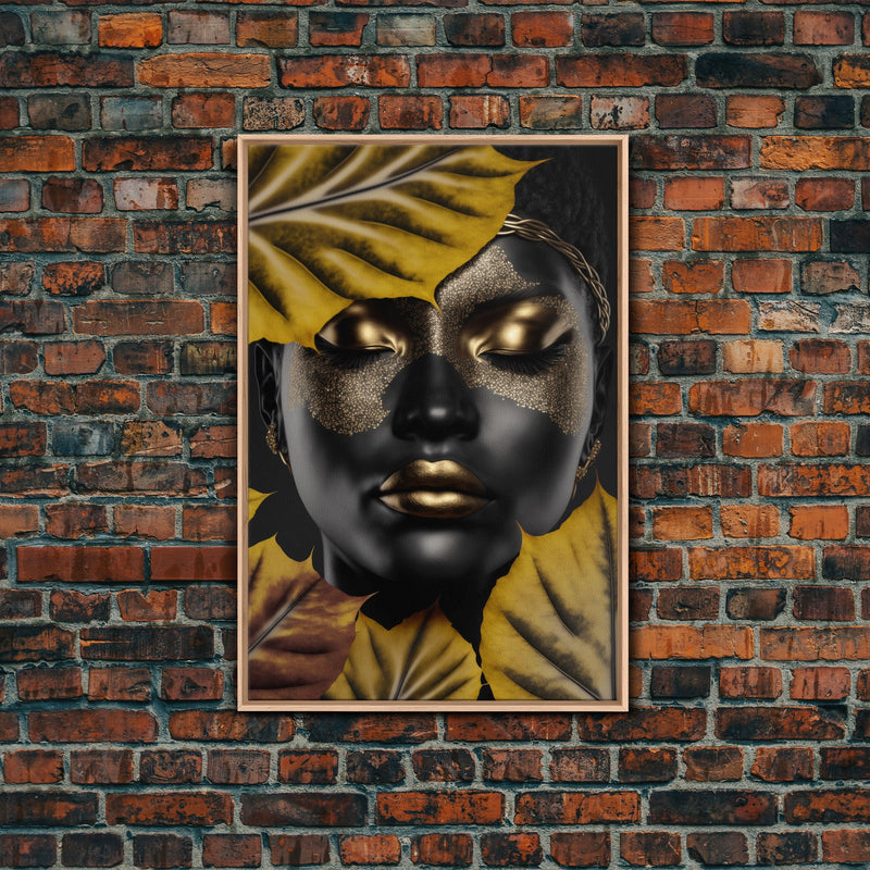 Beautiful Woman Art Framed Canvas Print Black Gold Woman Wall Art Lady Print, Gold Face Leaves Palm decor ready to hang Ethnic girl portrait