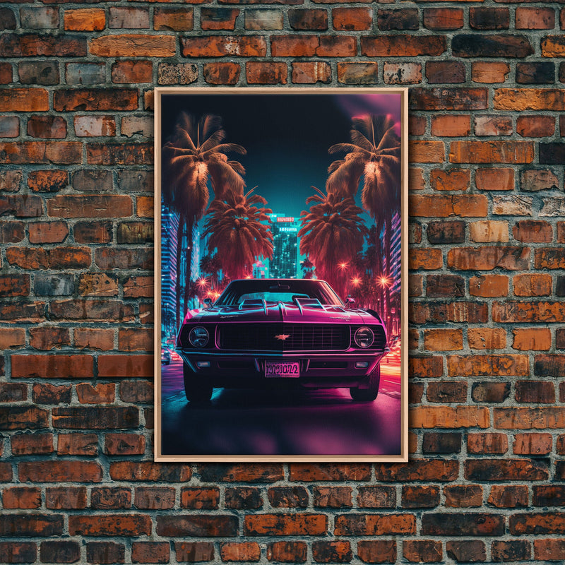 American Muscle Car on Sunset Strip, Retro Synthwave Art, Framed Canvas Print, Gift For Him, Muscle Car Art
