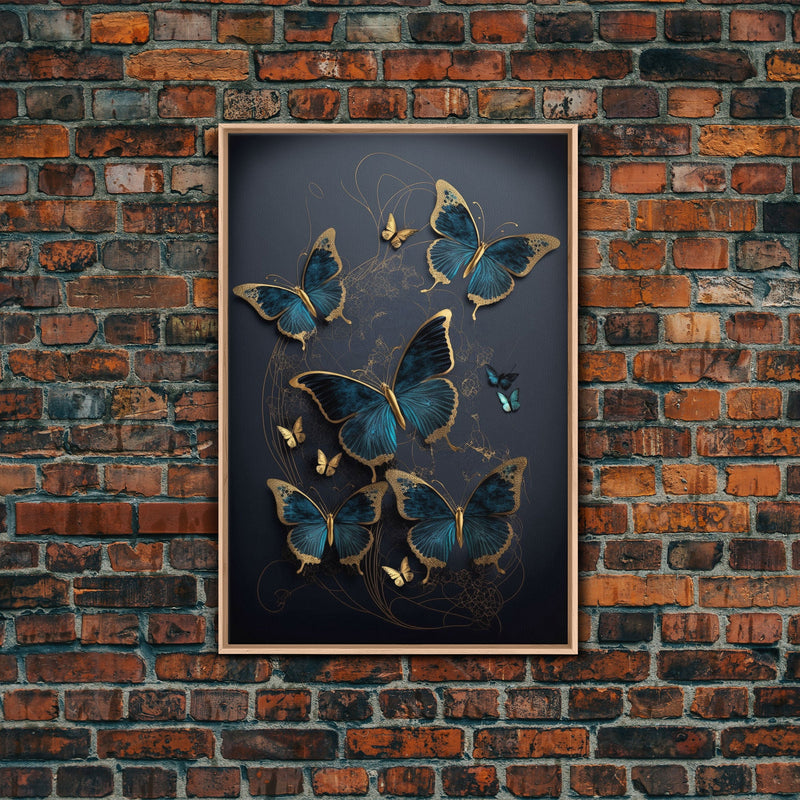 Blue Butterflies Canvas Print Wall Art, Blue and Gold Butterfly Canvas Painting, Butterfly Wall Decor, Home Gift, ready to hang decor