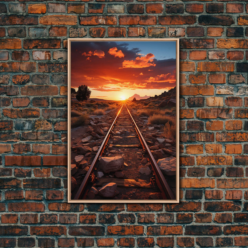 Abandoned Train Tracks Somewhere In The Arizona Desert, Framed Canvas Print, Western Decor