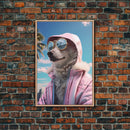 Japanese Spitz In Sunglasses Pink Hoodie Wall Print, Dog Portrait, Dog Art Print, Framed Wall Art, Framed Canvas, Wall Print, Wall Canvas