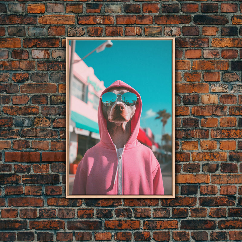 Whippet In Pink Hoodie Sunglasses Wall Print, Dog Art, Dog Portrait, Dog Art Print, Framed Wall Art, Framed Canvas, Wall Print, Wall Canvas