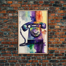 Retro Rotary Phone Art, Watercolor, Framed Canvas Print, Large Wall Art, Retro Style Decor