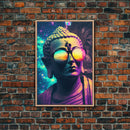 Open Your Mind, Psychedelic Buddha Statue Wearing Aviators / Sunglasses, Meditation Art, Framed Canvas Print, Color Pop Art