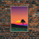 A Lone Tree in a Texas Field At Sunset, Retro Style MCM Art, Framed Canvas Print, Trendy Wall Prints, Landscape and Sunset Outrun Art