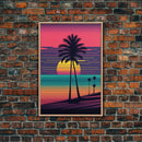 Synthwave Sunset, Retro Office Art, 80s Vibes, Framed Canvas Print, Framed Art, Trendy Wall Hanging