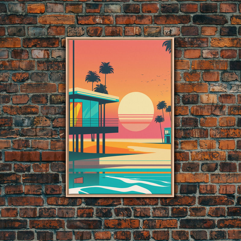 Art Deco Sunset Beach Canvas Print, Minimalist Retro Palmtree Vibe, Vaporwave Art, 80s Retro Vibes, Miami Inspired Art