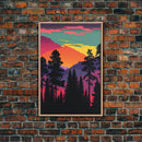 Pacific Northwest Pop Art, Framed Canvas Prints, Washington State, Pine Tree Forest and Mountain Landscape at Sunset, Vibrant Art