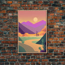 Retro Art Deco Style Minimalist Desert Landscape Print, Framed Canvas Art, Synthwave Style, Southwestern Decor, Western Art, Guest Room