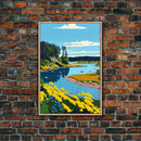 Colorful Pop Art Picture of a Stream, Framed Canvas Print, Surrealist High Contrast Cel Shaded Landscape Art