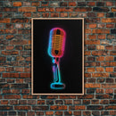 Neon Lights Retro Microphone Wall Art, Vibrant Art, Music Room Wall Art, Minimalist Print, Wall Decor, Canvas Print, Wall Art, Framed Canvas