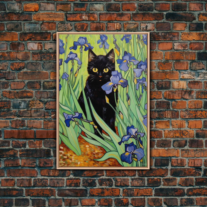 Vincent Van Gogh Inspired Irises Black Cat Wall Art, Framed Canvas Print, Poster Art, Funny Cat Print, Funny Gift, Home Decor Wall Art