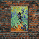 Funny Cat Print, Vincent Van Gogh Inspired Irises Black Cat Wall Art, Framed Canvas Print, Poster Art, Funny Gift, Home Decor Wall Art