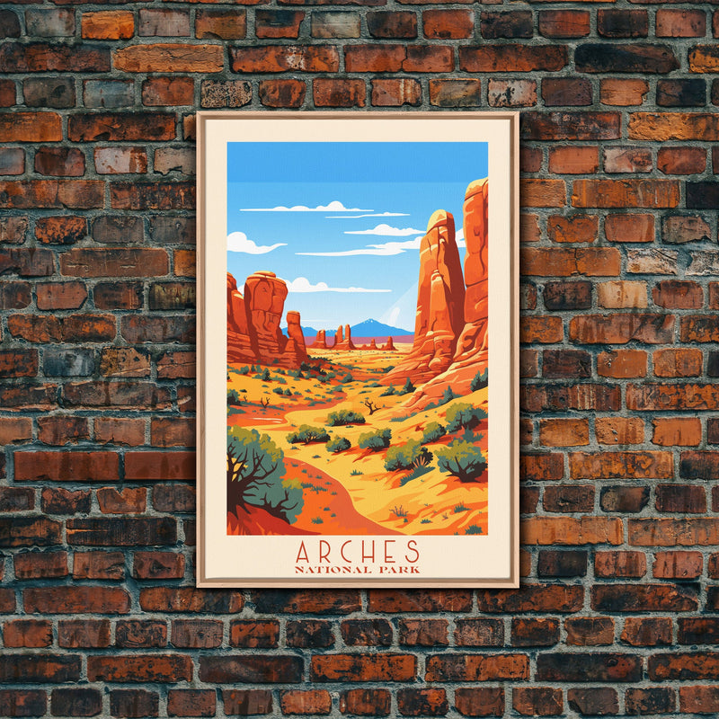 Arches National Park, Framed Wall Art Canvas Print, Travel Poster, Travel Art, Roadtrip Decor, Cool Wall Art, Retro State Park Art