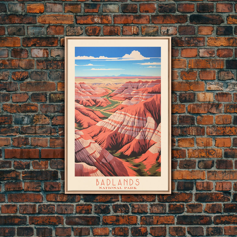 Badlands National Park, Framed Wall Art Canvas Print, Travel Poster, South Dakota Travel Art, Roadtrip Decor, Cool Art, Retro State Park Art