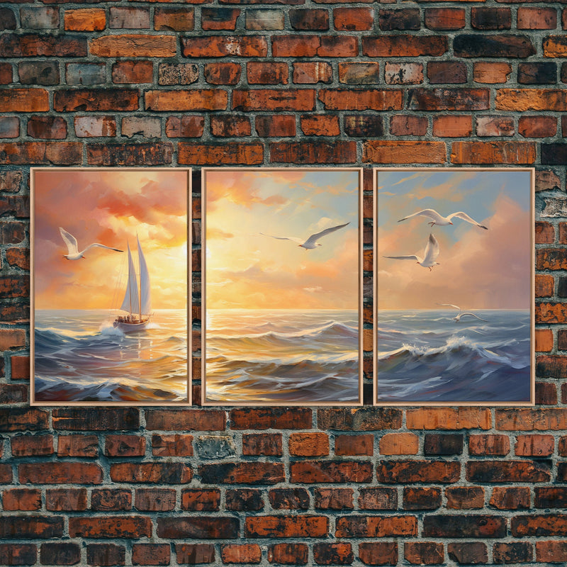 Beautiful Ocean At Sunset 3 Piece Canvas Print Wall Art, Above Sofa, Abstract Art, Modern Art, Minimalism Lakehouse Decor