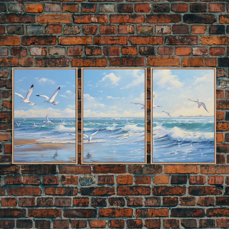 Beautiful Seagulls Over An Ocean Beach At Sunset 3 Piece Canvas Print Wall Art, Above Sofa Art, Modern Art, Minimalism Lakehouse Decor