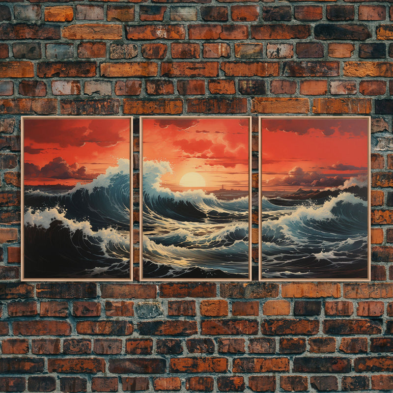 Asian Art, Japanese Wall Art, Ocean Waves, Sunset Art, Canvas Print, Wall Art, 3 Piece Wall Art, Trendy Wall Art, Modern Art Prints