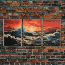 Asian Art, Japanese Wall Art, Ocean Waves, Sunset Art, Canvas Print, Wall Art, 3 Piece Wall Art, Trendy Wall Art, Modern Art Prints