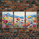 Wildflower Meadow, Wildflower Wall Art, Floral Print, Canvas Print, Set Of 3 Prints, Wall Art, 3 Piece Wall Art, Country Home Decor