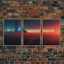 Cyberpunk Cityscape, Cyberpunk Concept Art at Sunset, Cool mancave art, 3 Piece Canvas Decor, 3 Piece Wall Art, Ready To Hang Canvas Prints