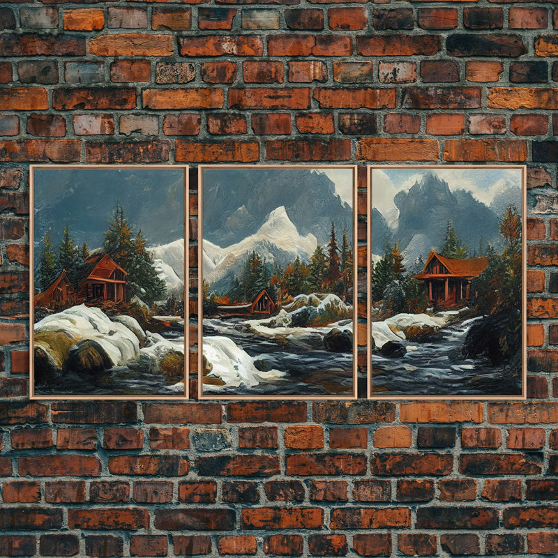 A Winter Landscape, Trees In The Fall, Snow Capped Mountains, Gold Rush Prospecting, 3 Piece Wall Art, Ready To Hang Canvas Print