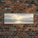 Whimsical Beach Sunset Art Watercolor, Framed Canvas Print, Panoramic Lakehouse Art, Light Pastels, Ultra Wide Format Above Bed Art