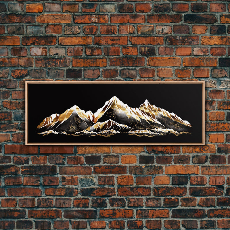 Black & Gold Mountain Landscape Painting, Framed Canvas Print, Panoramic Art, Extra Wide Art, Center Piece Decor, 24 x 72 Art, Huge Art