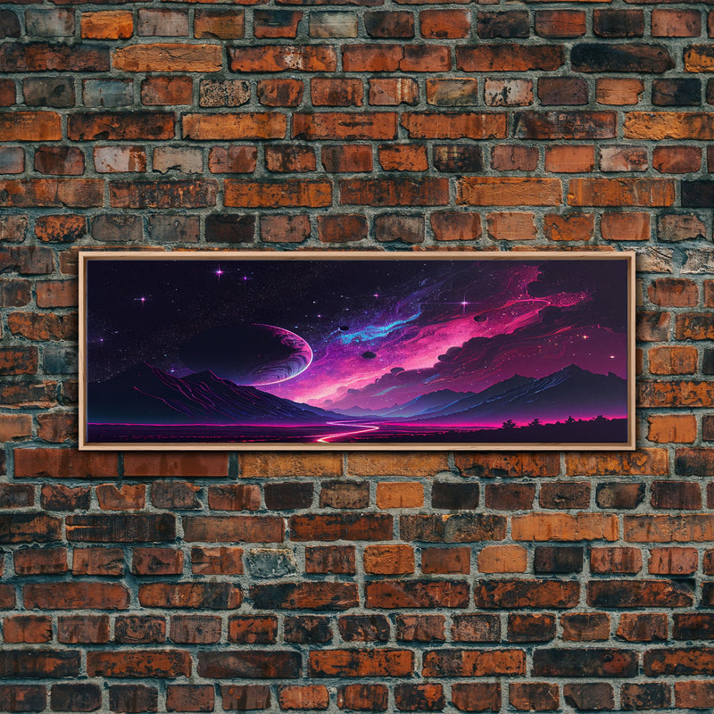 Beautiful Science Fiction Wall Art, Synthwave Style Scifi Art, Framed Canvas Print, Panoramic Alien Worlds and Star Filled Night Sky