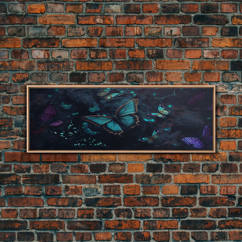 Blue Butterflies, Framed Canvas Print, Bioluminescent Glowing Butterfly Art, Framed Wall Art