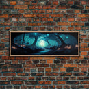 The mycelium Networrk, Fantasy Art, Framed Canvas Print, Bioluminescent Fantasy Forest At Night, Blue Glowing Ambience Art