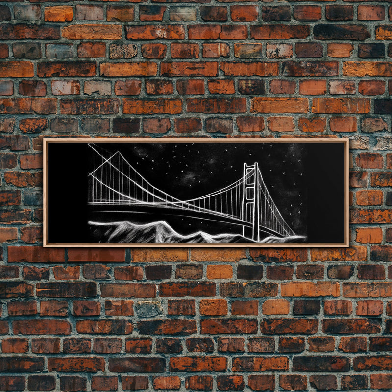 Black And White Suspension Bridge Canvas Print, Large Urban Art Print, Line Art, Chalk Wall Decor, Panoramic, Wall Art, Canvas Print