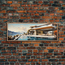 Midcentury Modern Architecture Painting Framed Canvas Print, Beautiful MCM House On Lake Tahoe, Livingroom Centerpiece Wall Art