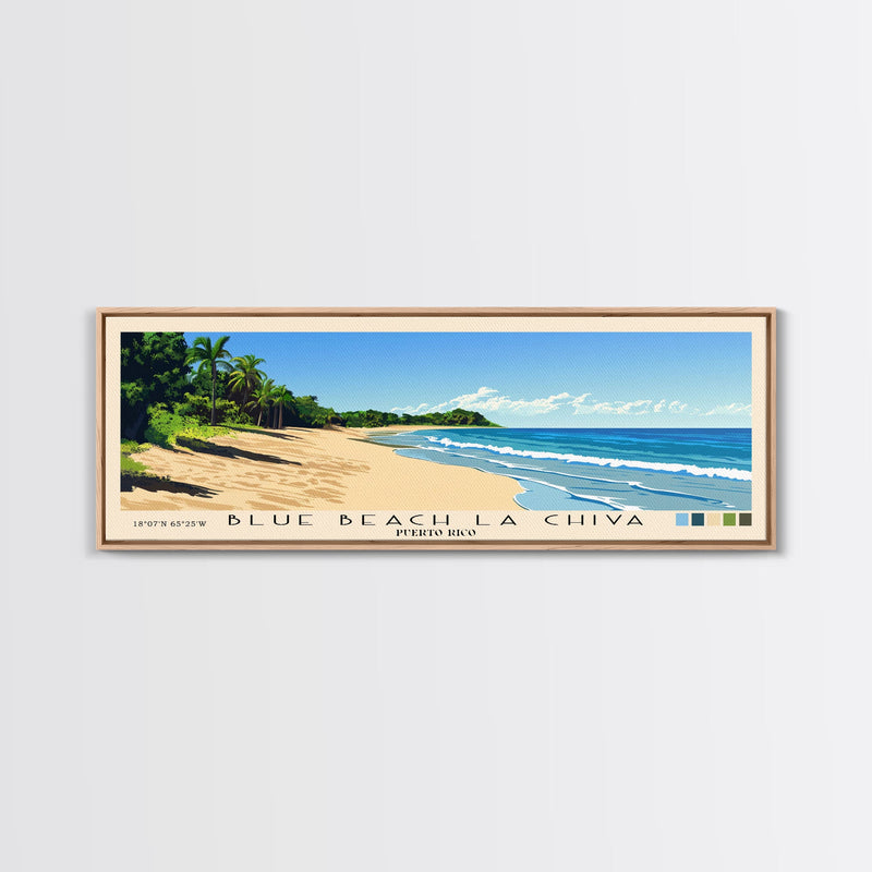 Blue Beach La Chiva, Puerto Rico Panoramic Beach Print, Vacation Gift, Puerto Rico Wall Art, Framed Canvas Print, Framed Beach Painting