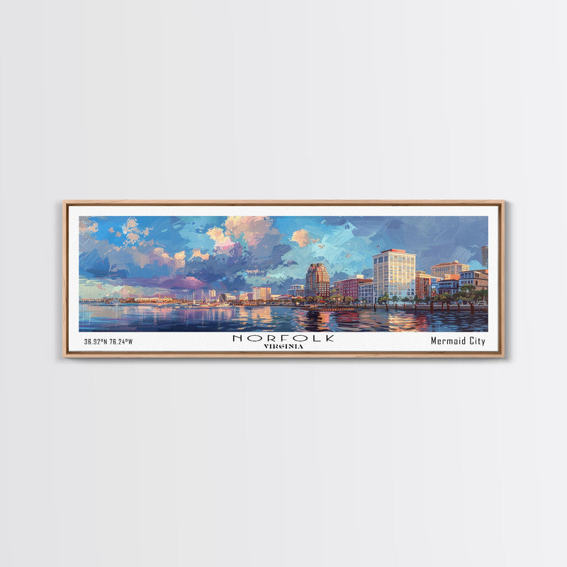 Norfolk Virginia Panoramic Framed Canvas Print, Cityscape Watercolor Painting, Modern Wall Art for Home Decor, Travel Poster, Urban Gift Idea