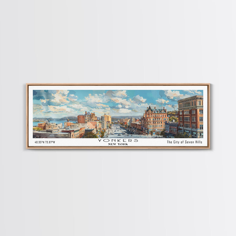 Yonkers New York Panoramic Framed Canvas Print, Retro Style Travel Poster, Artistic Wall Art, Unique Office Decor, Living Room Gift