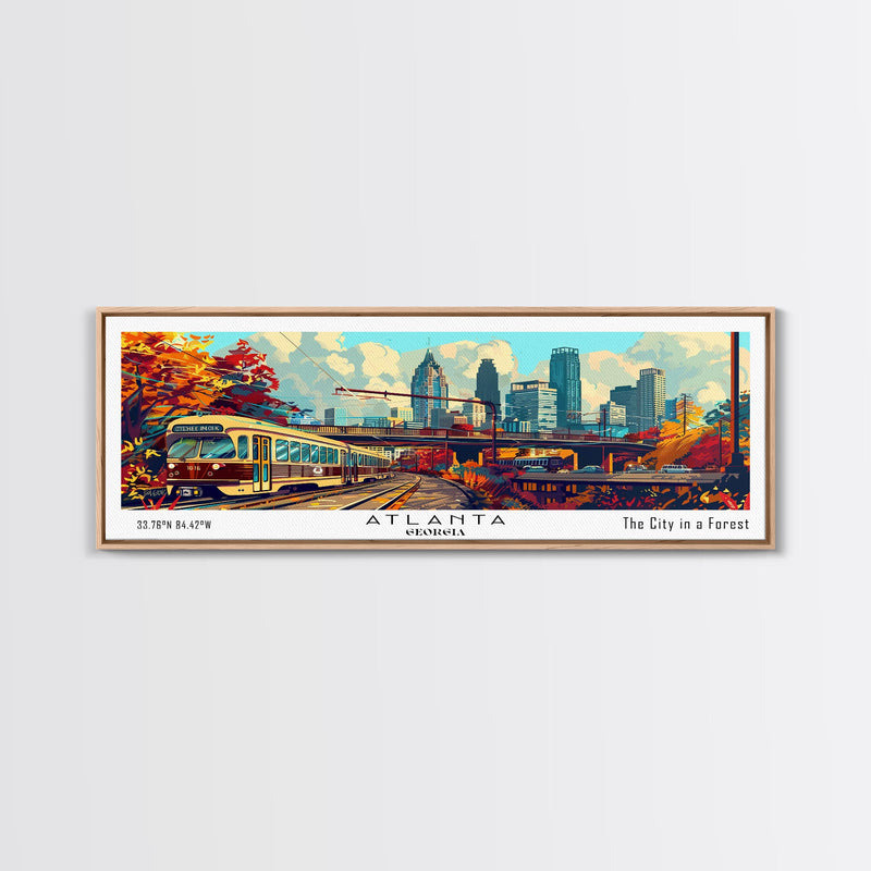 Atlanta Georgia Panoramic Wall Art Framed Canvas Print, Mid Century Modern Art, Pop Art Style, Travel Poster, Home Decor, Wall Hanging