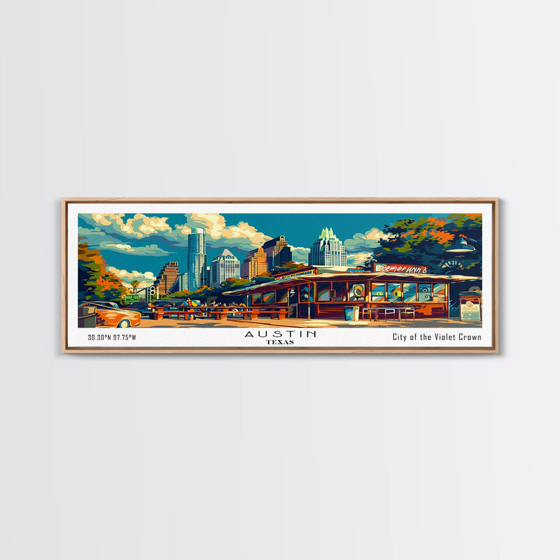 Austin Texas Panoramic Travel Poster Framed Canvas Print, Mid Century Modern Art, Pop Art Style, Wall Art Decor, Home Decoration