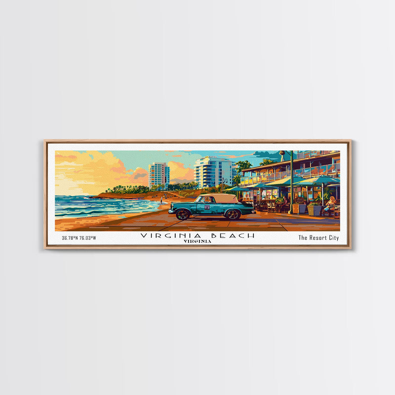 Virginia Beach Virginia Panoramic Wall Art, Mid Century Modern Framed Canvas Print, Retro Pop Art Travel Poster, Living Room Decor