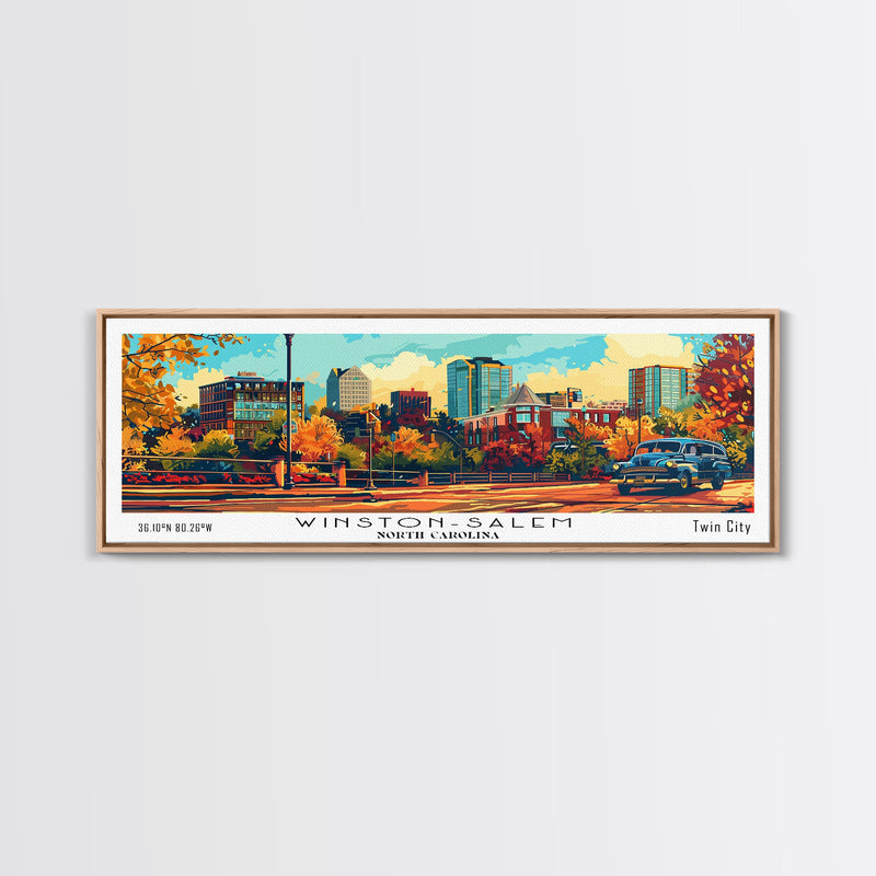 Winston-Salem North Carolina Panoramic Wall Art, Retro Pop Art Framed Canvas Print, Mid Century Modern Travel Poster, Wall Hanging