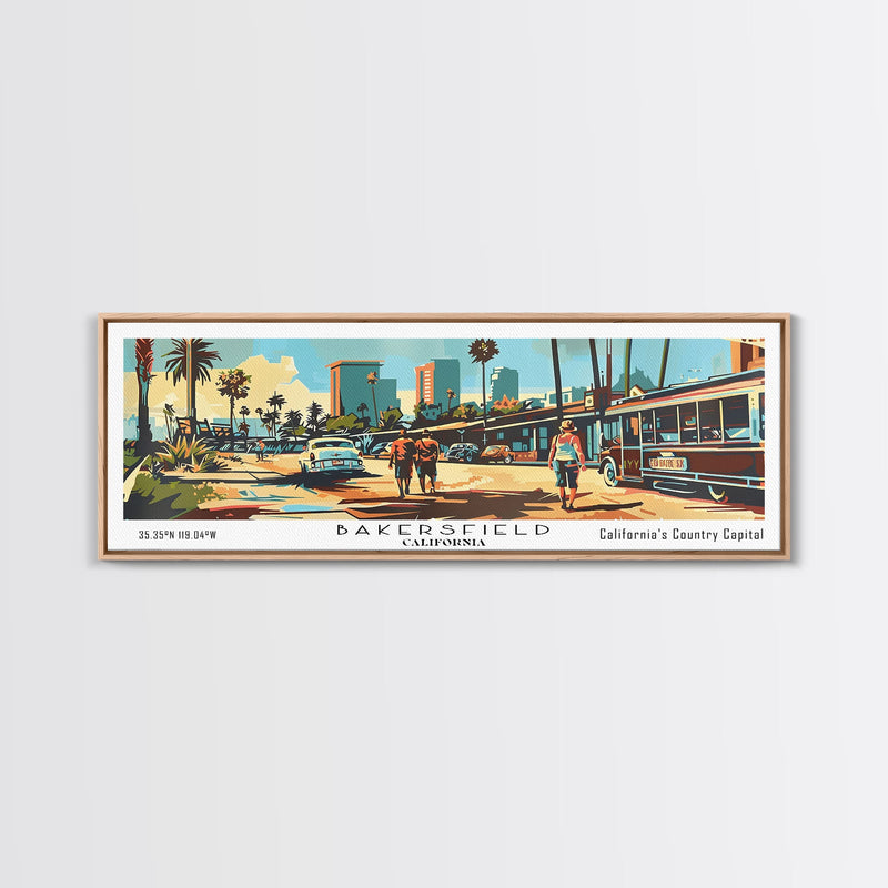 Bakersfield California Panoramic Wall Art, Mid Century Modern Framed Canvas Print, Retro Pop Art Travel Poster, Office Wall Art, Living Room Decor