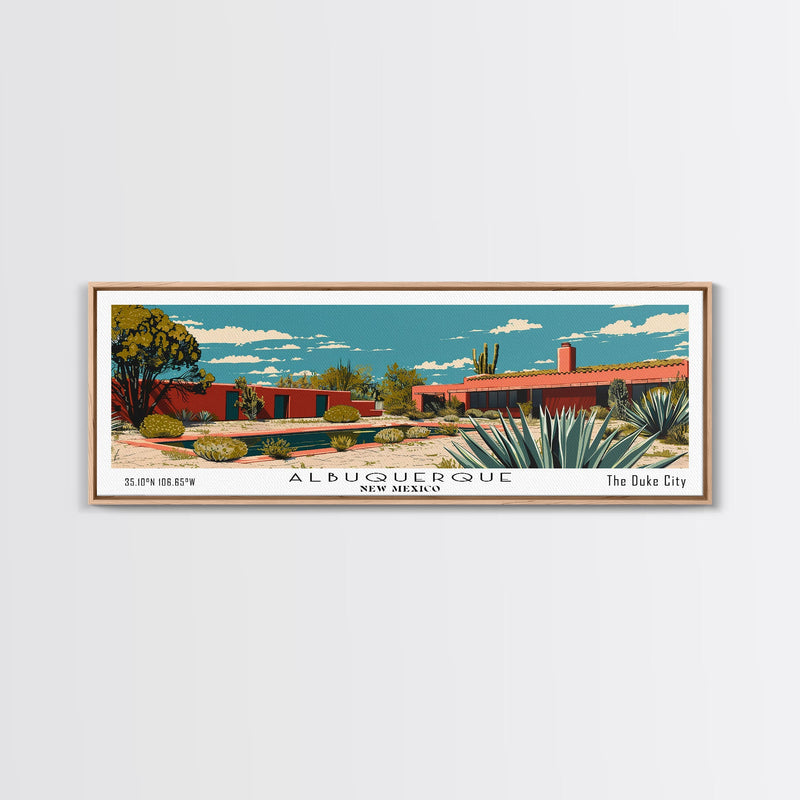 Albuquerque New Mexico Panoramic Painting, Mid Century Modern Framed Canvas Print, Retro Pop Art Travel Poster, Home Decor, City Print