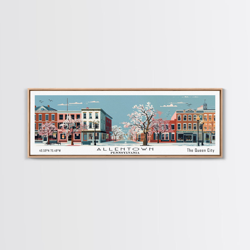 Allentown Pennsylvania Panoramic Painting, Mid Century Modern Framed Canvas Print, Retro Pop Art Travel Poster, Office Art, City Print