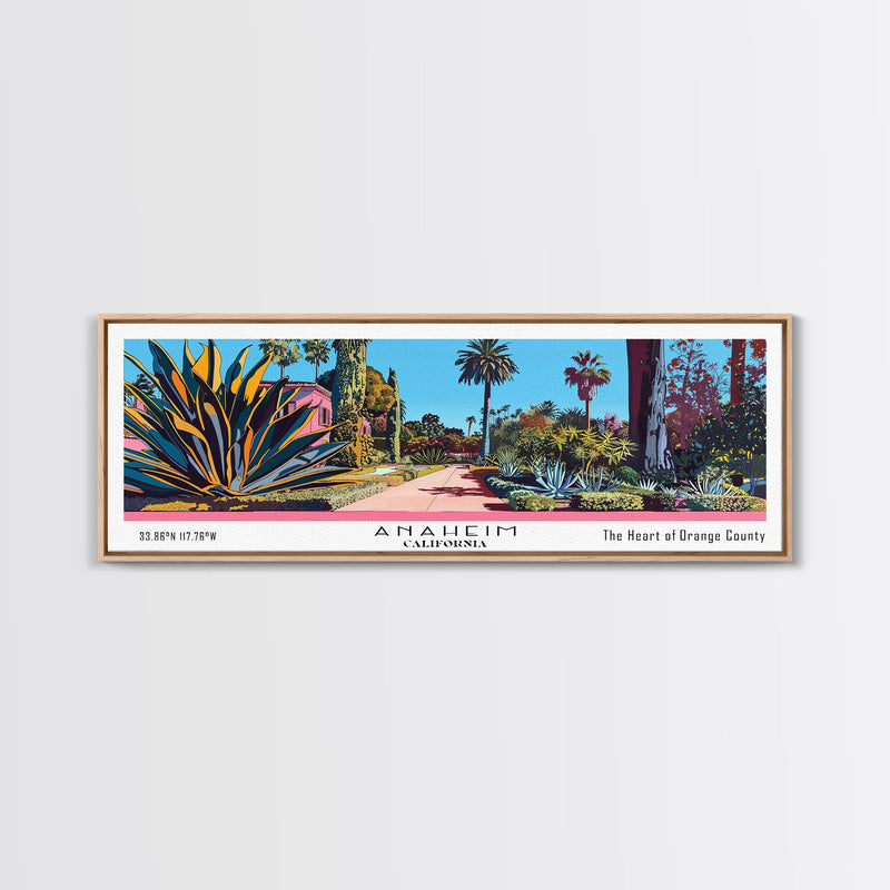 Anaheim California Panoramic Painting, Mid Century Modern Framed Canvas Print, Retro Pop Art Travel Poster, Home Decor, City Art