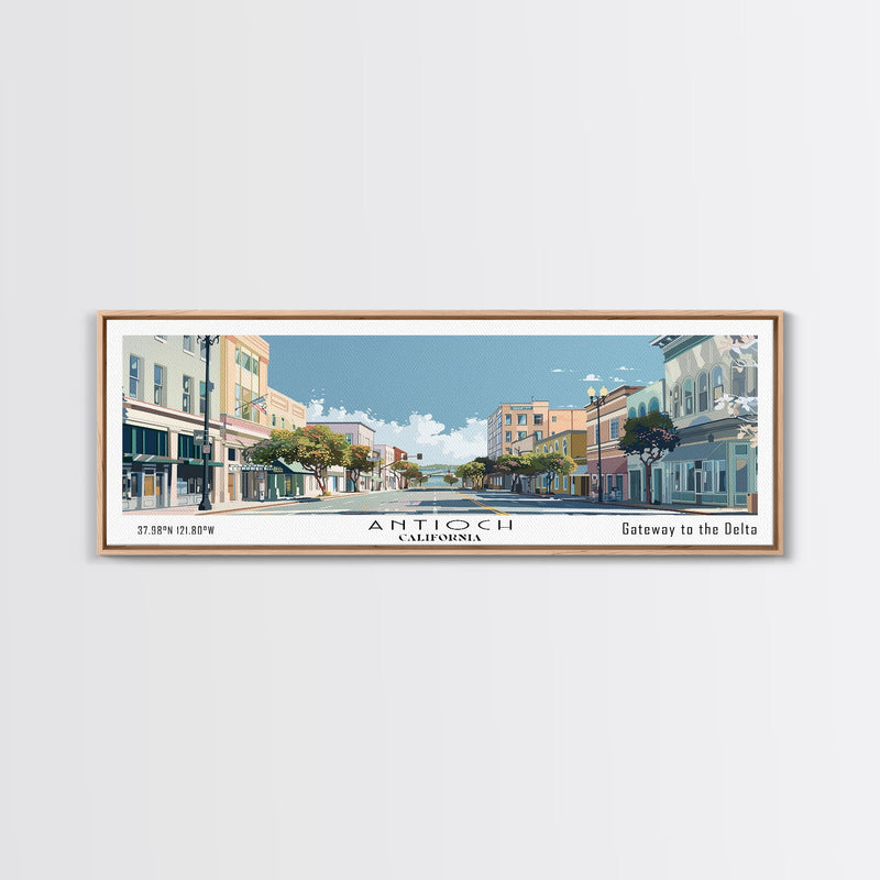 Antioch California Panoramic Painting, Mid Century Modern Framed Canvas Print, Retro Pop Art Travel Poster, Home Decor, City Art