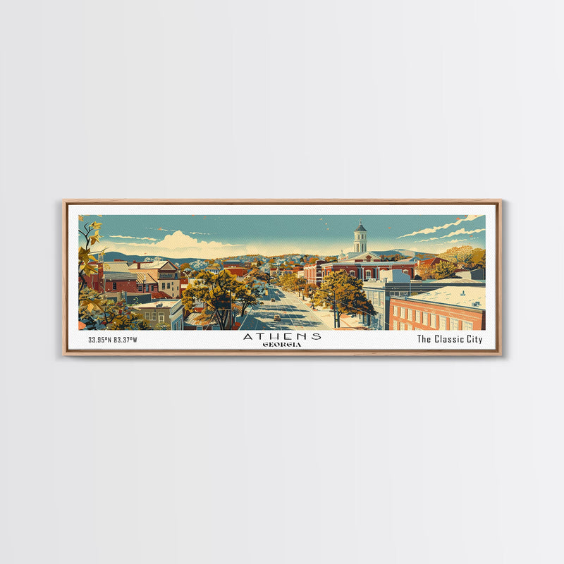 Athens Georgia Panoramic Painting, Mid Century Modern Framed Canvas Print, Retro Pop Art Travel Poster, Living Room Wall Art Decor, City Print