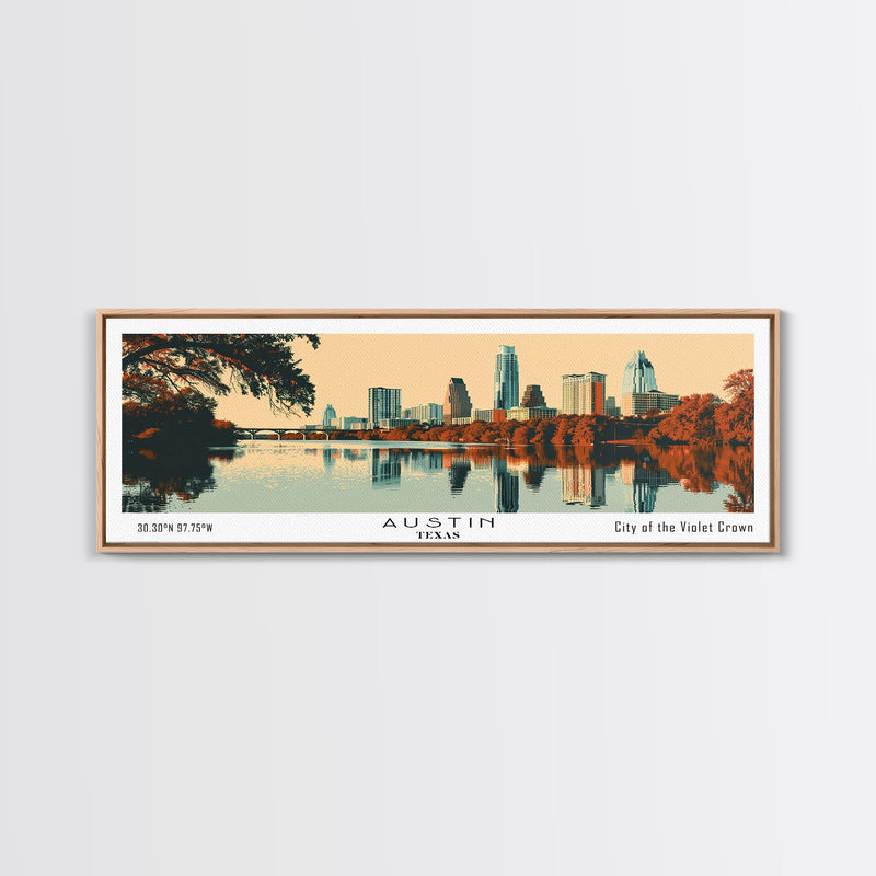 Austin Texas Panoramic Painting, Mid Century Modern Framed Canvas Print, Retro Pop Art Travel Poster, Home Decor, City Art