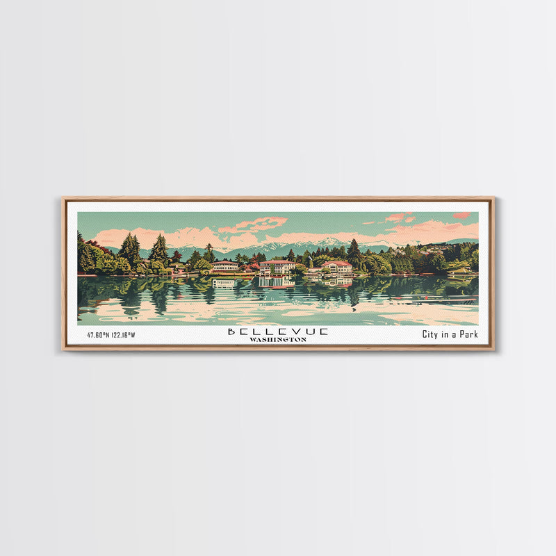 Bellevue Washington Panoramic Painting, Mid Century Modern Framed Canvas Print, Retro Pop Art Travel Poster, Office Wall Art, City Print