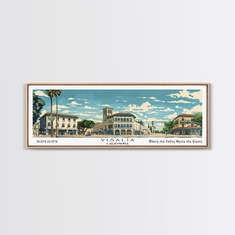 Visalia California Panoramic Art, Mid Century Modern Framed Canvas Print, Retro Pop Art Travel Poster, City Print, Living Room Wall Decor